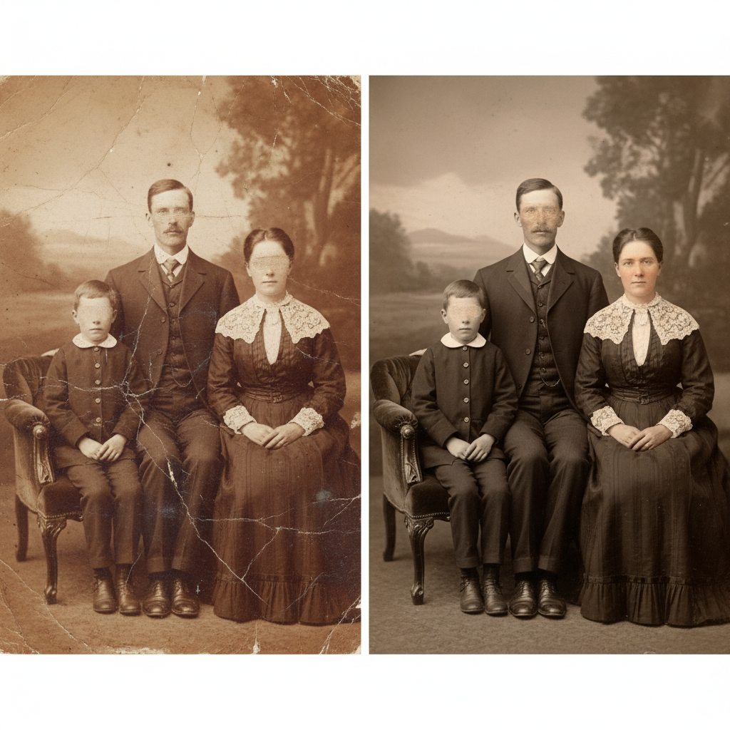 Restored vintage family portrait with repaired scratches and balanced tone